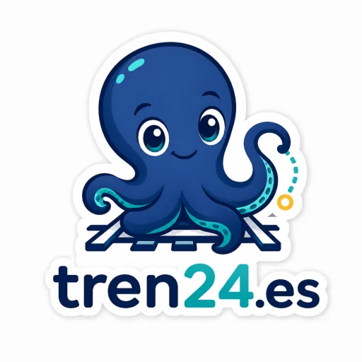 Logotipo original de Tren24 con mascota sobre vías y señal